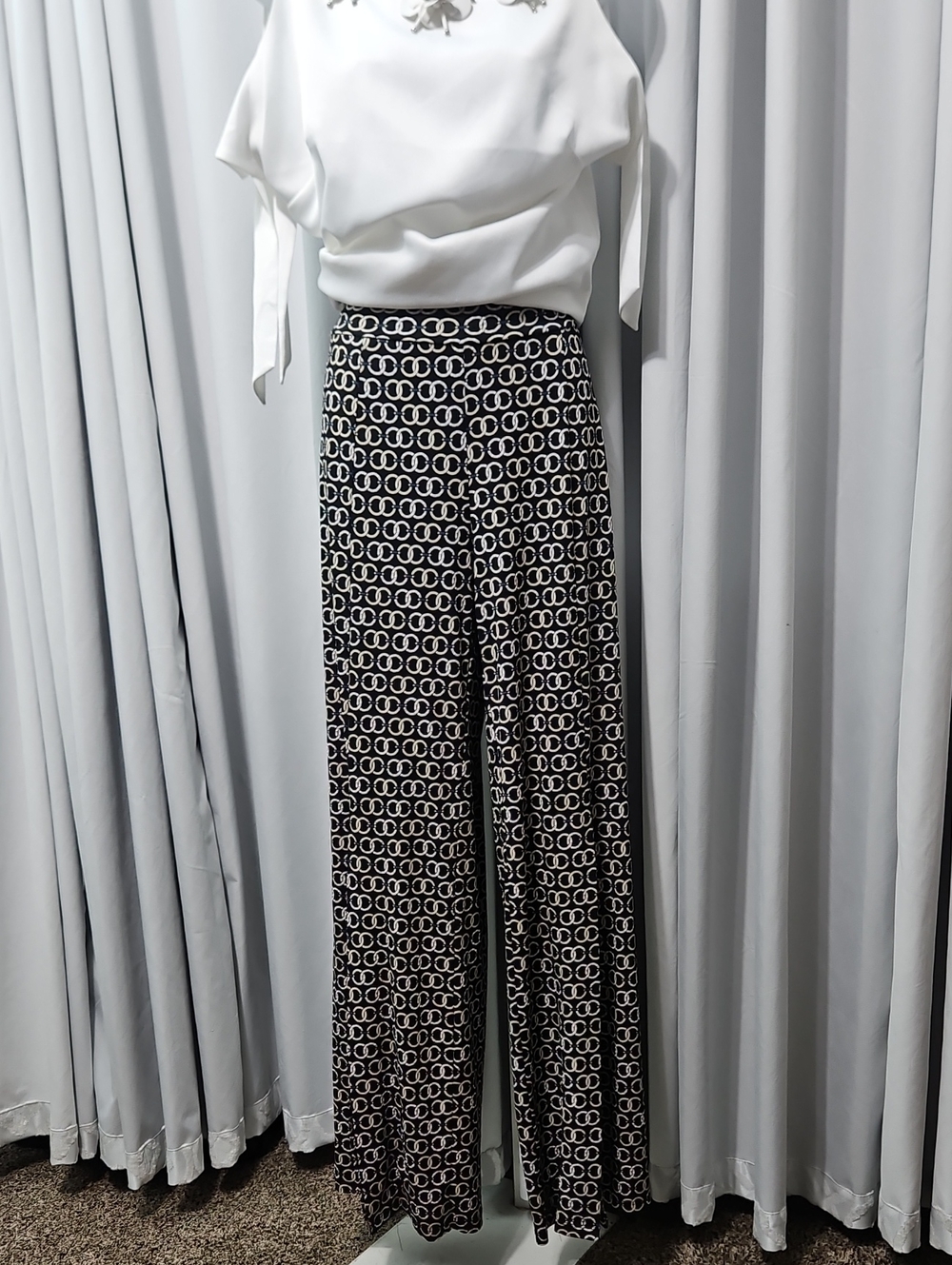 Clara Sun Woo Wide Leg Pull-On Pants XL Black Chain Print Made in USA